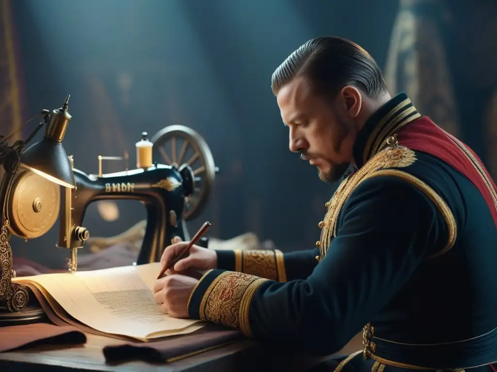 Joven Alexander McQueen diseñando en una habitación retro del siglo XX, rodeado de telas y revistas de moda, mostrando su pasión creativa