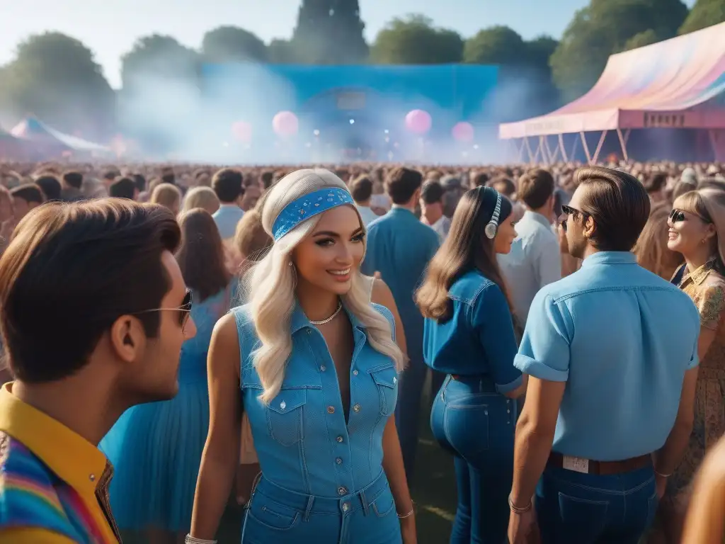 Jóvenes disfrutan de un festival de música en los años 60 con moda retro y ambiente psicodélico
