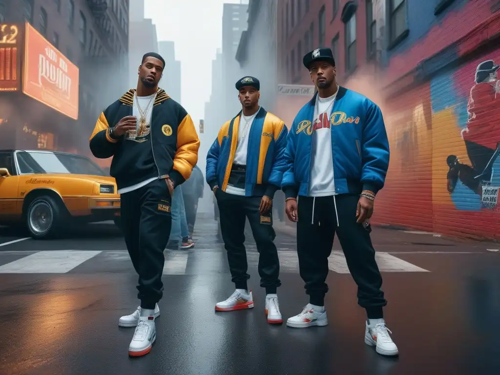 Esencia urbana de los 90: jóvenes con streetwear hiphop en NYC Jóvenes con streetwear retro influenciado por hip-hop en una esquina de Nueva York de los 90, rodeados de graffiti y boomboxes
