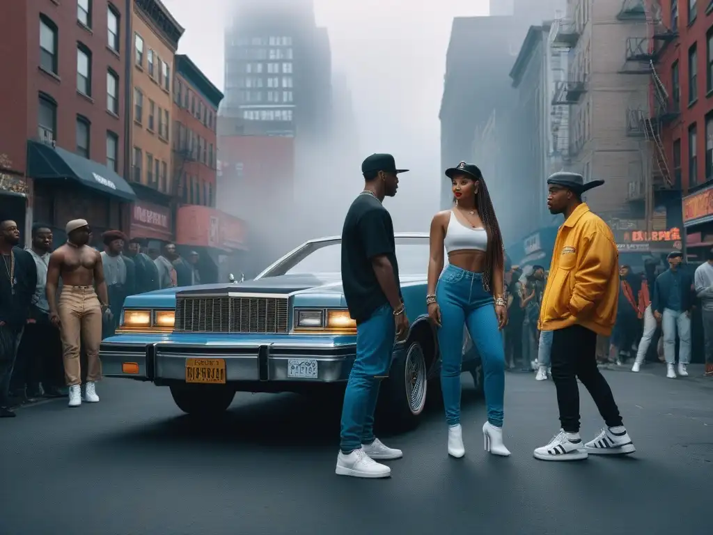 Escena callejera de los 90: moda hip-hop y cultura urbana en Nueva York Jóvenes en streetwear retro influenciado por hip-hop en una bulliciosa calle de Nueva York en los 90s