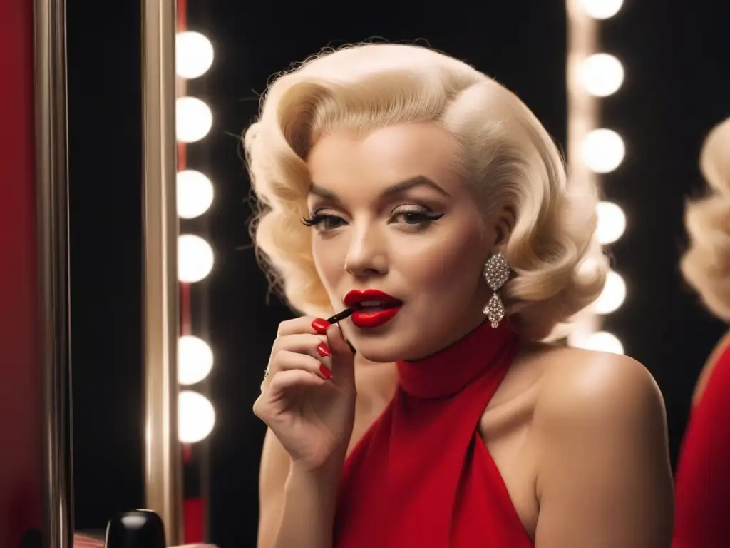 Icono de glamour: Marilyn Monroe aplicando lápiz labial rojo Marilyn Monroe aplicando lápiz labial rojo en camerino retro