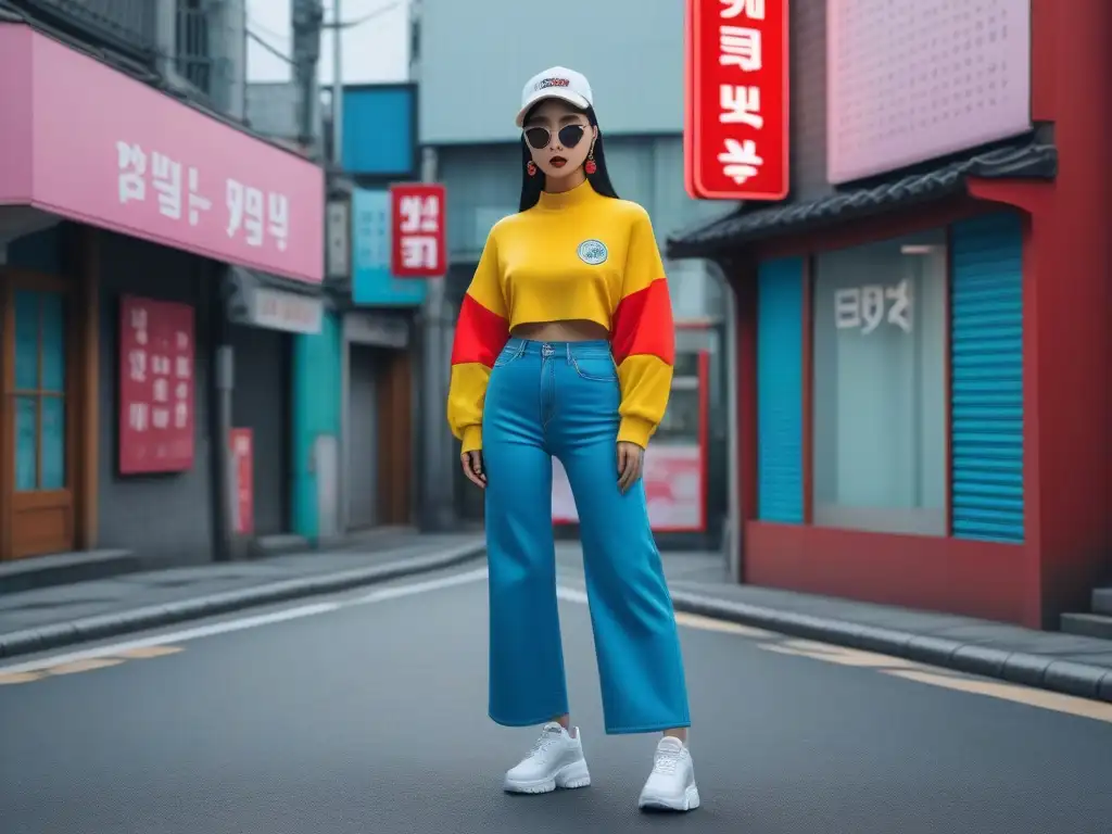 Streetwear coreano retro: estilo vibrante y detallado Un look callejero vibrante con influencia coreana en moda retro, fusionando elementos tradicionales con estilo urbano moderno