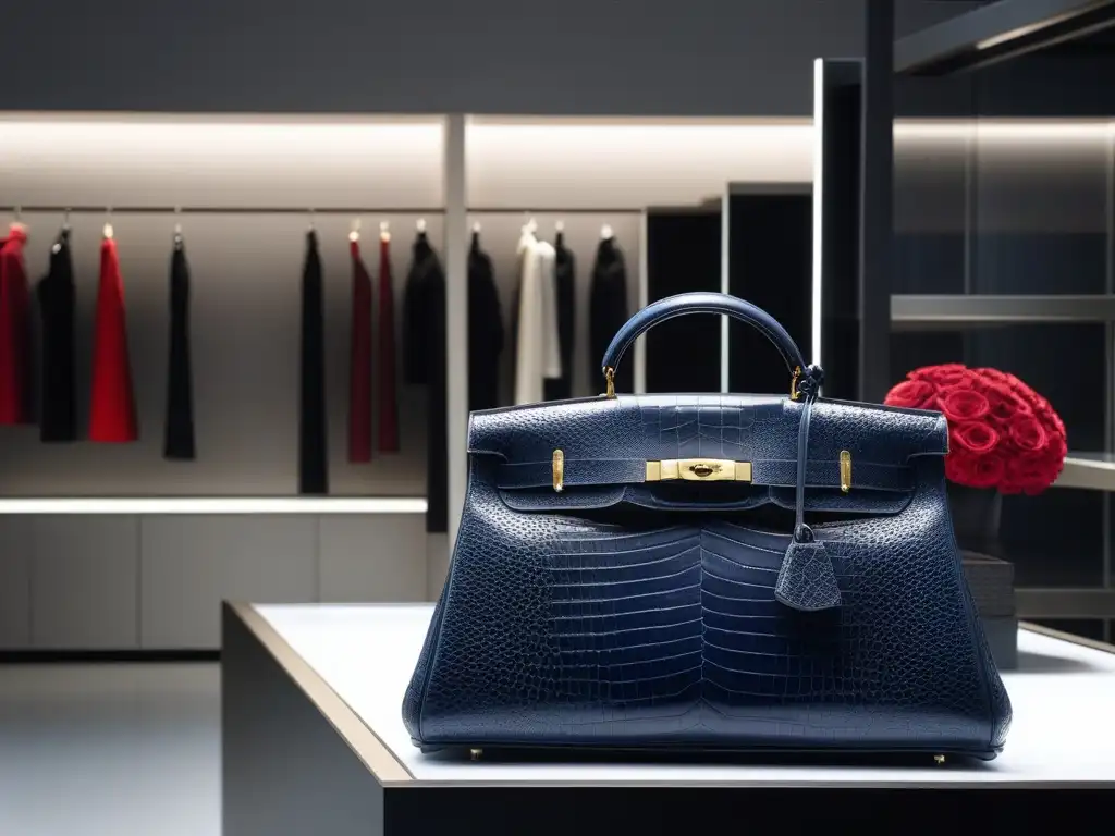 Boutique de lujo: Bolso de diseñador en exhibición Inversión de lujo en prendas de diseñador en ambiente exclusivo y elegante
