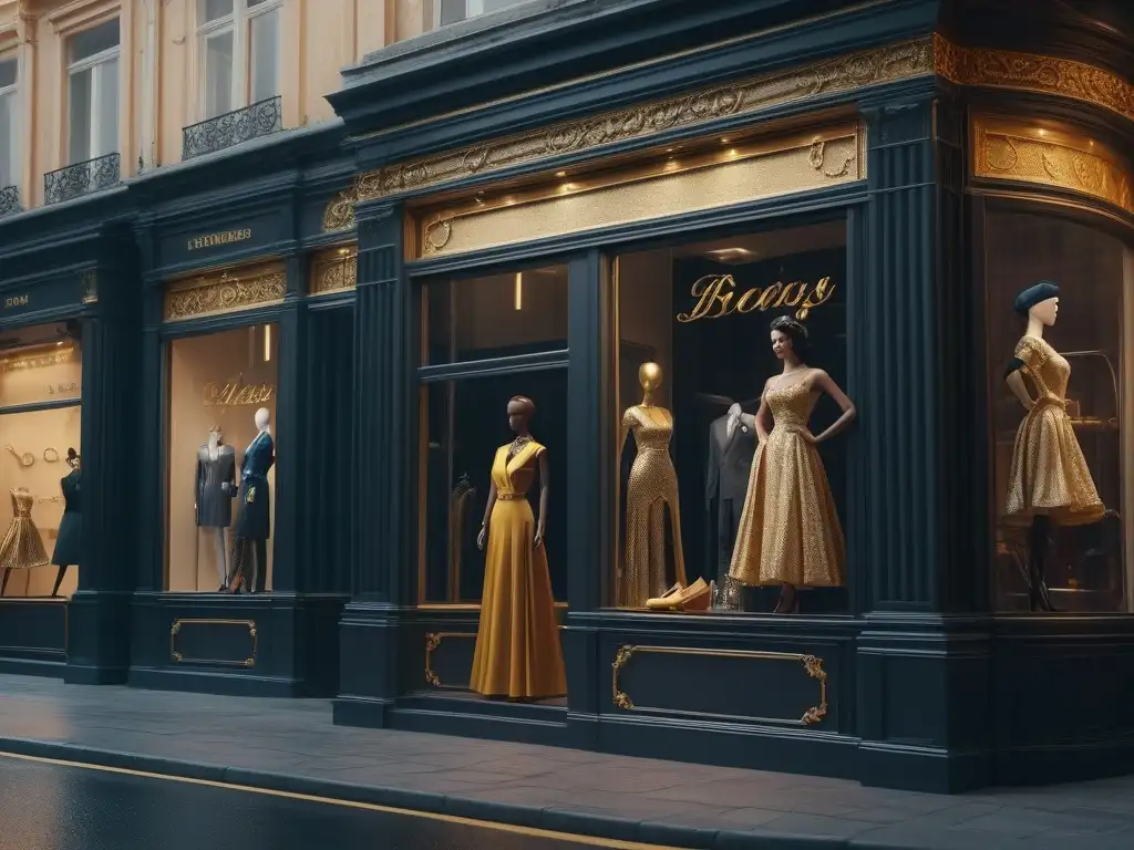 Boutique de moda retro de lujo: escena glamurosa en la ciudad Una lujosa boutique de moda retro con maniquíes extravagantes y un ambiente exclusivo en una ciudad bulliciosa