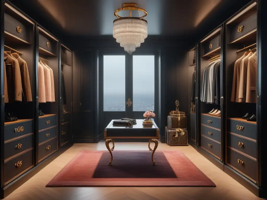 Armario de lujo con moda de segunda mano de marcas top Un lujoso vestidor lleno de prendas de diseñador de lujo organizadas con elegancia, simbolizando inversiones en moda de lujo