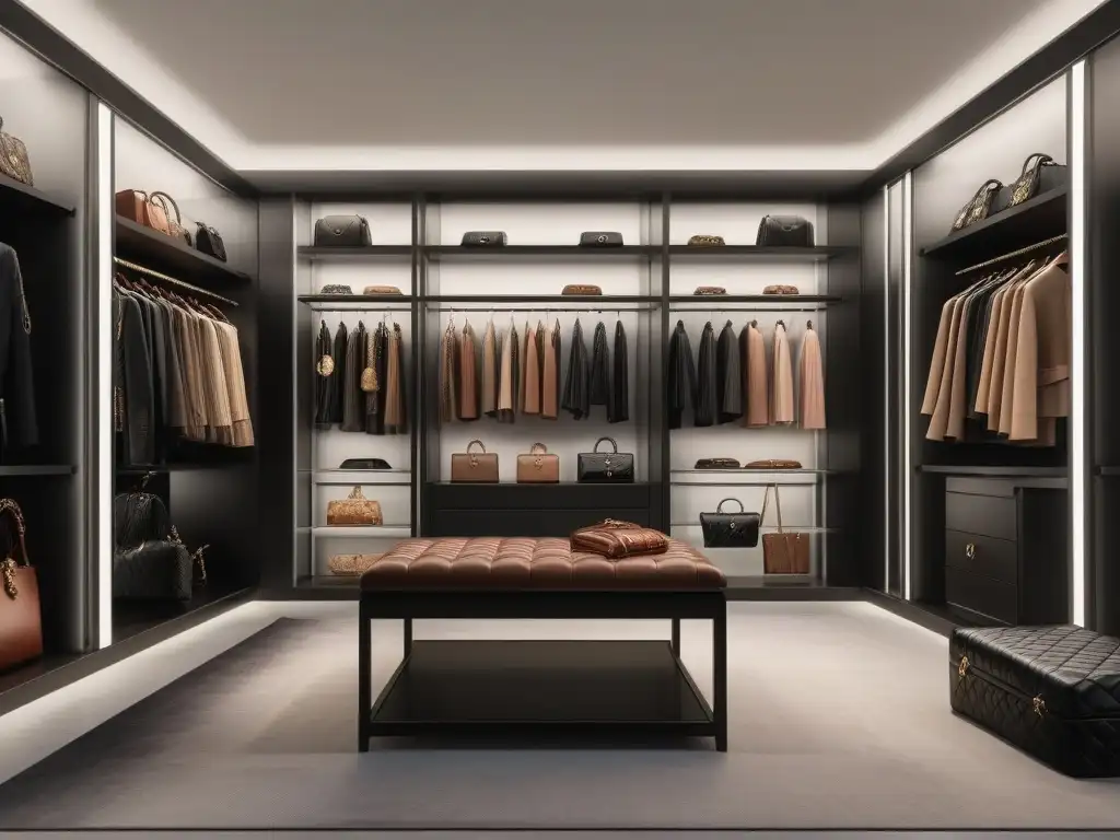 Armario de lujo con moda de segunda mano de Chanel, Gucci y Louis Vuitton Un lujoso vestidor lleno de prendas de diseñador de alta gama como Chanel, Gucci y Louis Vuitton, ideal para inversiones de lujo