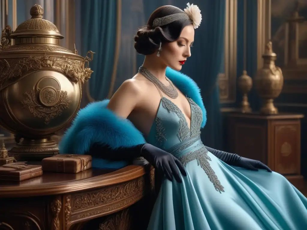 Dama elegante en vestido de seda: moda y lujo de los años 30 Majestuosa escena de moda retro de los años 30 con exquisita seda en un vestido de flores y accesorios elegantes