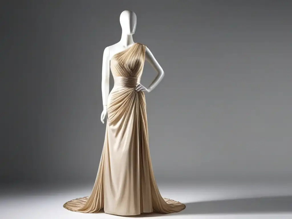Maniquí vintage con vestido Madame Grès: elegancia retro de los 1910s Maniquí vintage con elegante vestido Madame Grès, muestra la moda retro de los 1910s