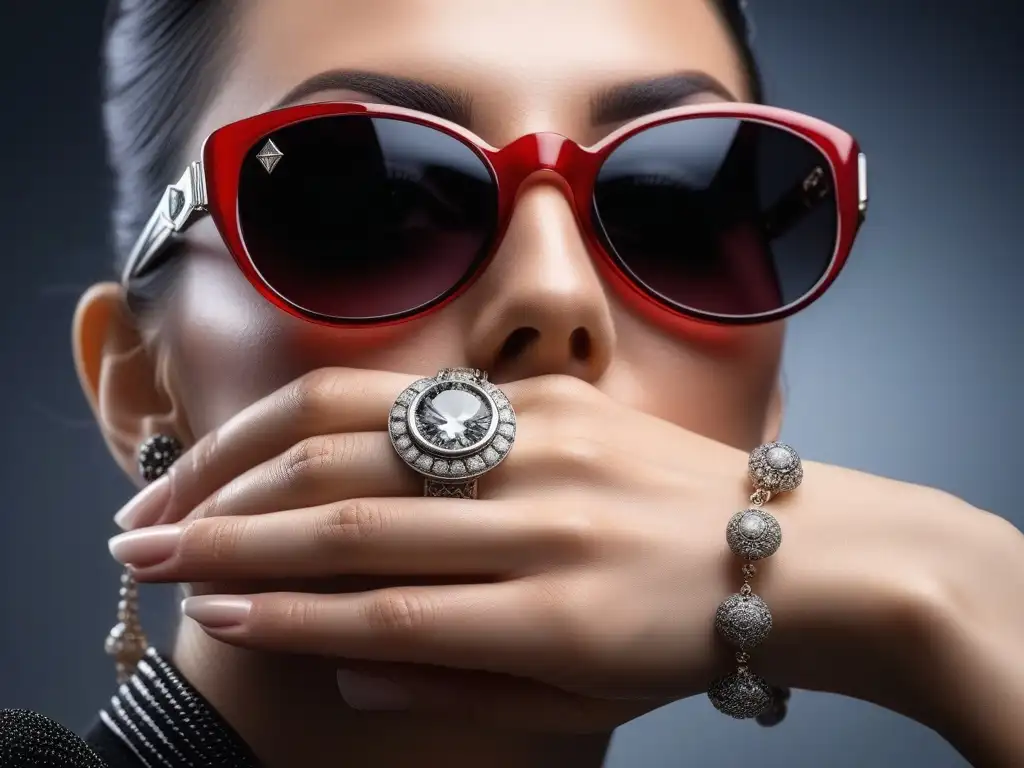 Mano de mujer con accesorios icónicos moda retro siglo XX en estilo Art Deco y clásico, sobre fondo vintage de revista de moda