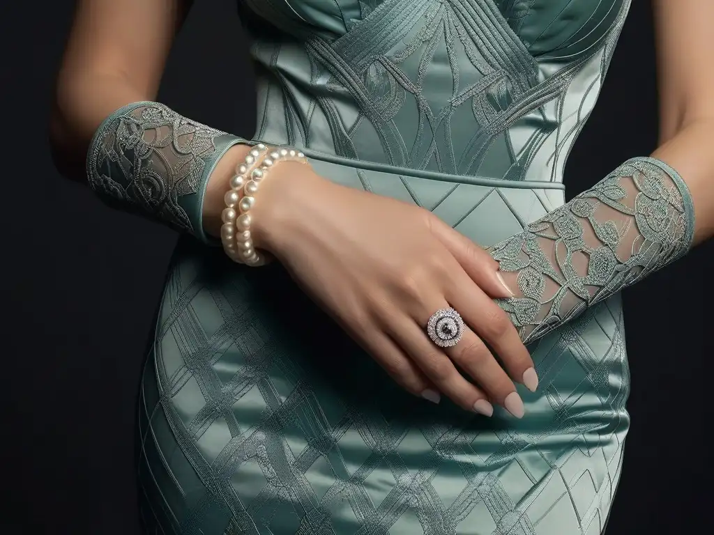 Mano de mujer de los años 30: joyas art déco y guante de terciopelo Mano de mujer de los años 30 con accesorios retro de lujo: brazalete art déco, anillo de perlas y guante de terciopelo con encaje