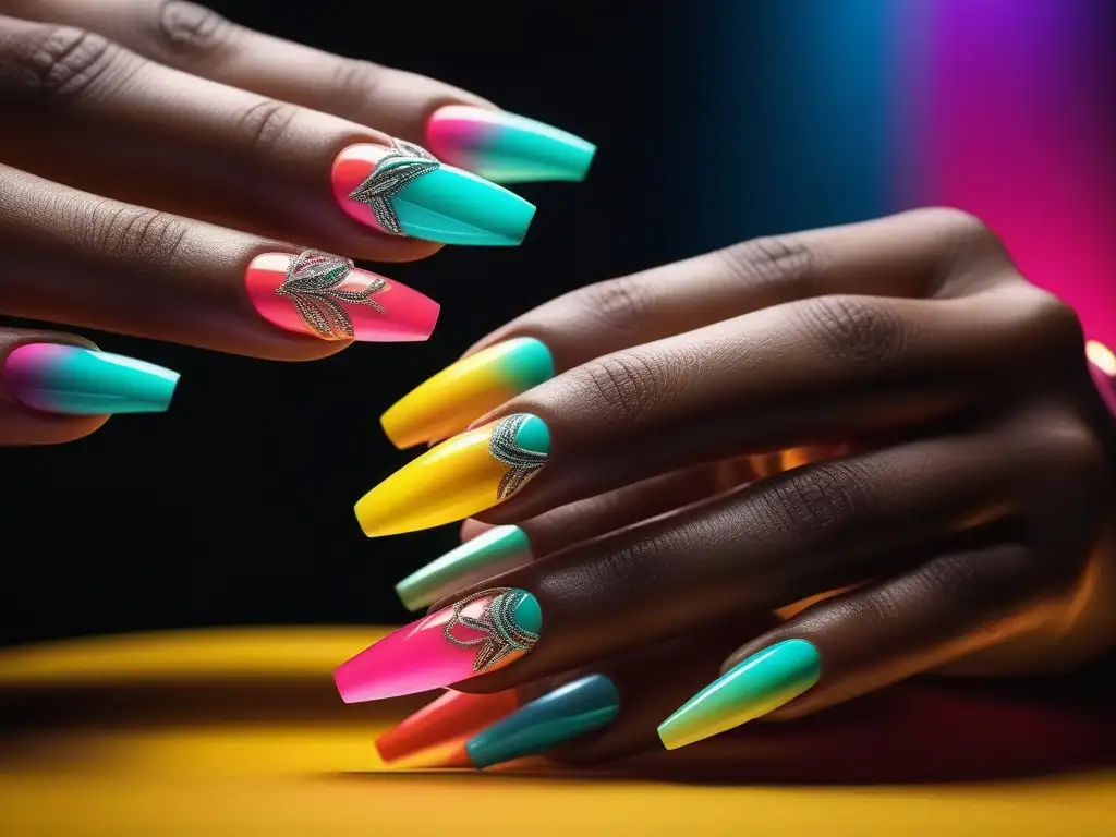 Manicura retro de los 80: uñas largas y coloridas en detalle 8K Manos femeninas con uñas largas y coloridas, estilo icónico de manicuras siglo XX