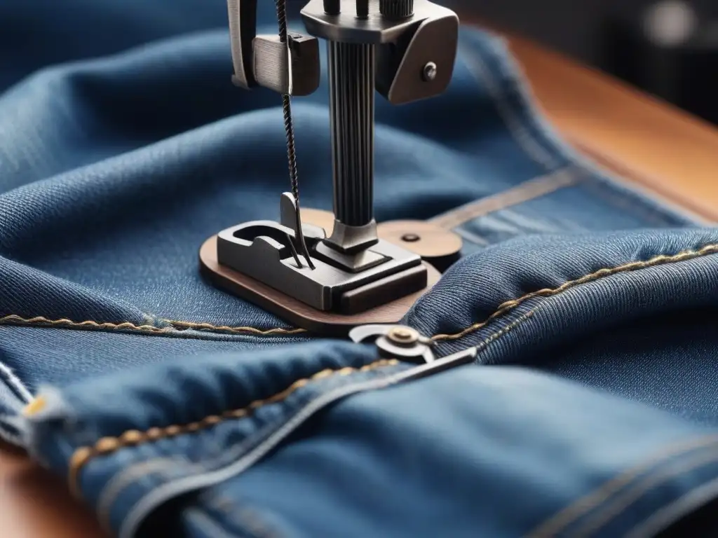 Imagen realista: máquina de coser vintage uniendo jeans de mezclilla azul Una máquina de coser vintage une un par de vaqueros azules clásicos, evocando la historia del denim y vaqueros