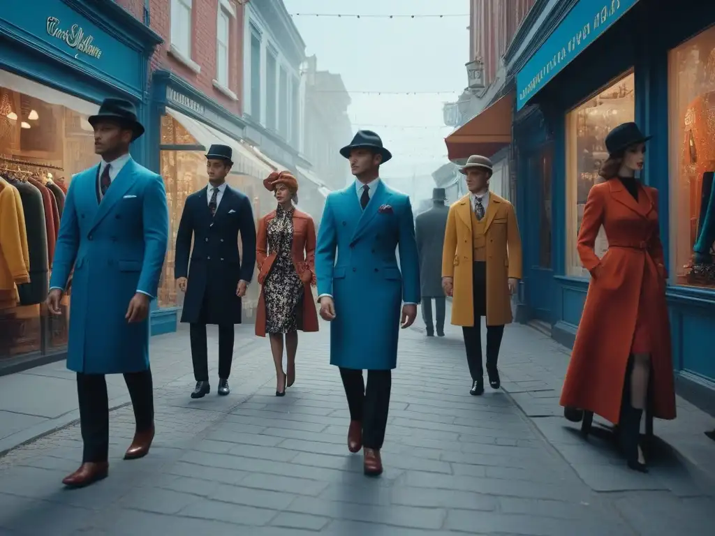 Escena urbana: tiendas de ropa vintage en la ciudad Marketing estrategias moda retro: Escena animada en la ciudad con tiendas vintage y maniquíes en escaparates retro