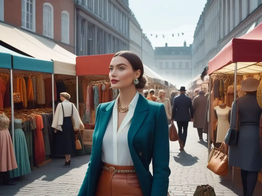 Un mercado retro vibrante y sostenible, lleno de accesorios de moda únicos y coloridos
