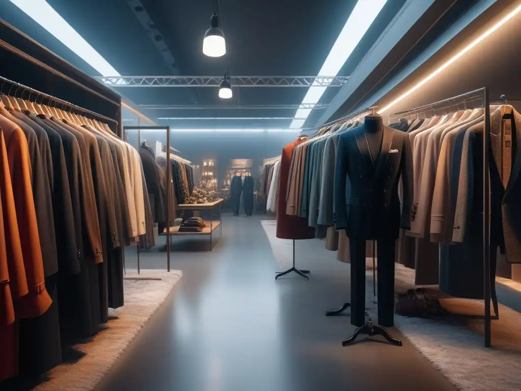 Bazar de lujo: moda de diseñadores de segunda mano en alta resolución Un mercado de ropa de segunda mano de diseñador, exclusivo y sofisticado, con clientes examinando prendas de lujo
