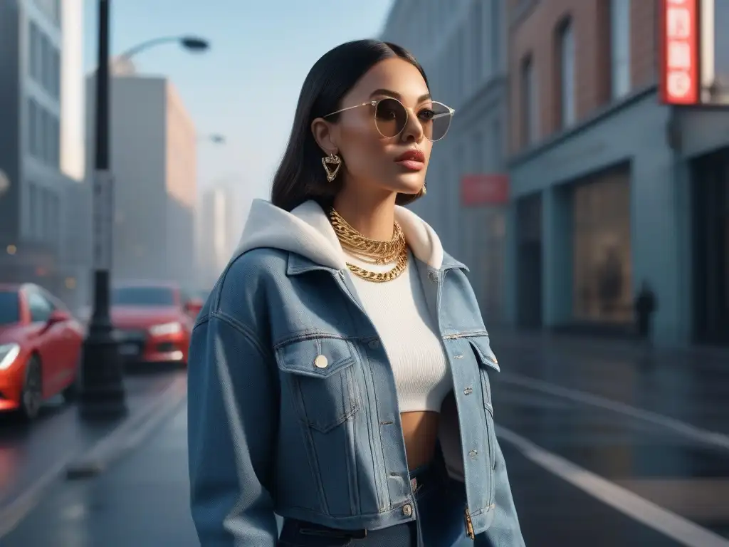 Fashion influencer fusiona tendencias: 2000s y actualidad Influencer de moda actual fusionando tendencias retro años 2000 en la ciudad