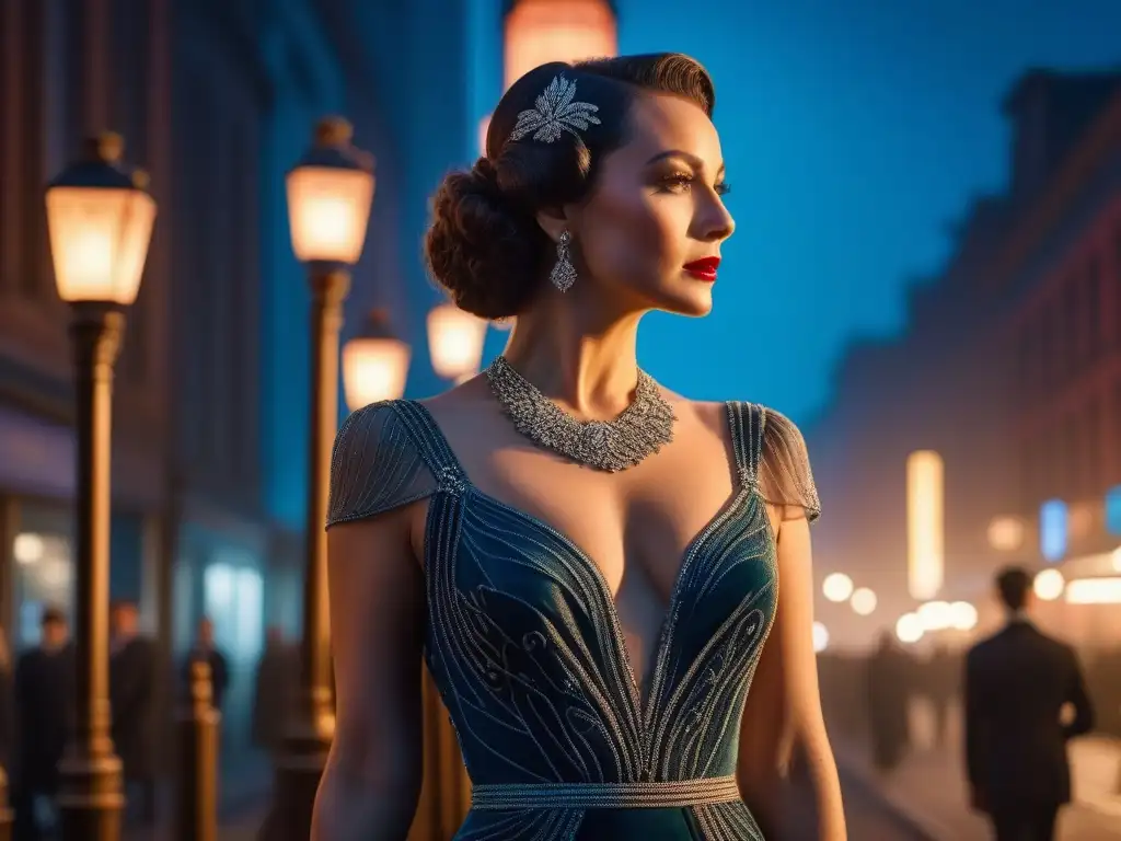 Retrato glamoroso de mujer de los años 30 en vestido Art Deco Moda retro años 30 eventos: Una mujer glamorosa de los años 30 en un elegante vestido de noche Art Deco, posando en una calle iluminada por faroles