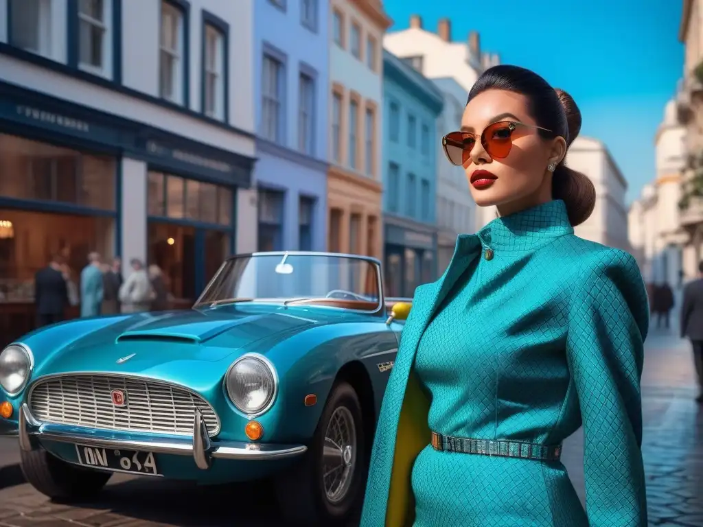 Moda retro: mujer estilosa en vestido geométrico de los años 60 Moda retro años 60: mujer elegante con traje geométrico y coche vintage en la ciudad