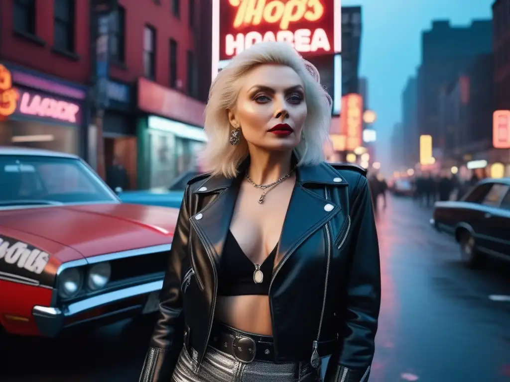 Debbie Harry en la Nueva York punk de los 70 Debbie Harry de Blondie en la moda retro años 70 punk, en una calle vibrante de Nueva York llena de grafitis