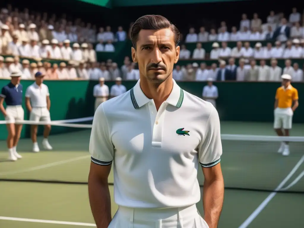 René Lacoste en la década de 1920: Icono de la moda deportiva René Lacoste en la moda deportiva retro de los años 20, influyente y seguro en una cancha de tenis