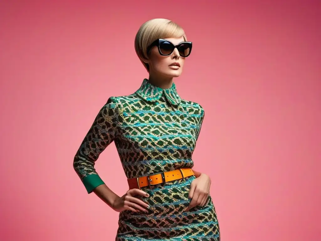 Twiggy: Icono de la moda de los 60 en un outfit mod vibrante Moda retro años 60 Twiggy posa con estilo mod y gafas de sol, rodeada de un ambiente psicodélico vibrante