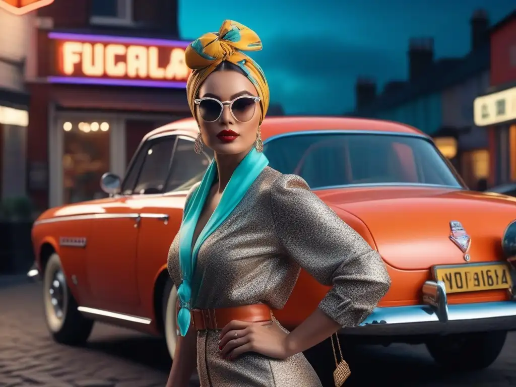Influencer retro chic posa frente a auto vintage en ciudad de neón Influencer de moda retro en la calle, con estilo vintage y vibrante