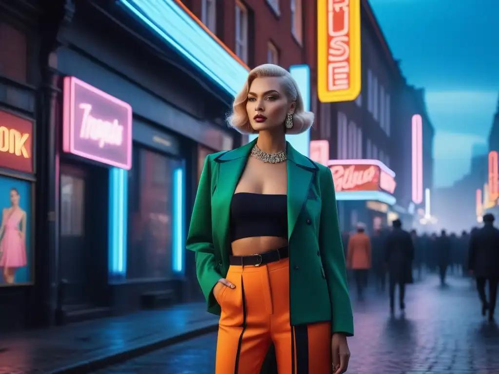 Moda retro en la era digital: influencer vintage en la ciudad Una moda retro se transforma en la era digital, con un influencer vintage en una calle urbana llena de luces de neón y carteles digitales