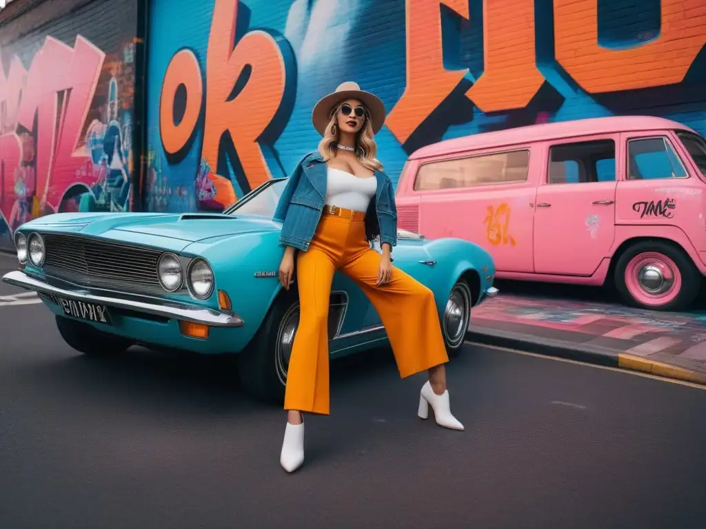 Influencer retro posa con estilo ante un auto vintage y graffiti colorido Influencer de moda retro posando frente a un auto vintage con grafitis coloridos y luces de neón