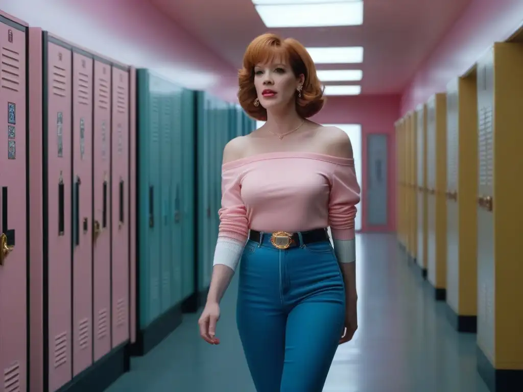 Molly Ringwald: ícono de la moda retro en 'The Breakfast Club' Claire Standish, inspirando moda retro influenciada por Molly, deslumbra en un pasillo lleno de admiradores ochenteros