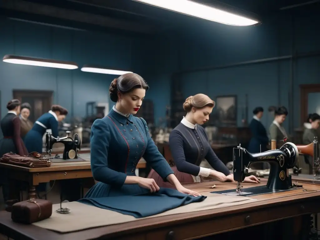 Estudio de moda de los años 1900: detalle y revolución Revolución materiales moda siglo XX: Un estudio de moda de los años 1900 lleno de costureras creando diseños vanguardistas con telas sintéticas