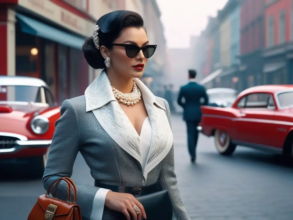 Icono vintage: mujer elegante en ciudad de mediados del siglo XX Moda vintage: Mujer elegante con accesorios retro del siglo XX en la bulliciosa calle de la ciudad