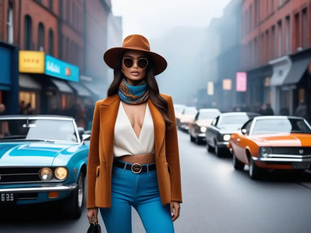 Estilo setentero en la ciudad: moda vintage en un ambiente moderno Una modelo con accesorios retro de los 70 camina en la ciudad entre elementos modernos y retro