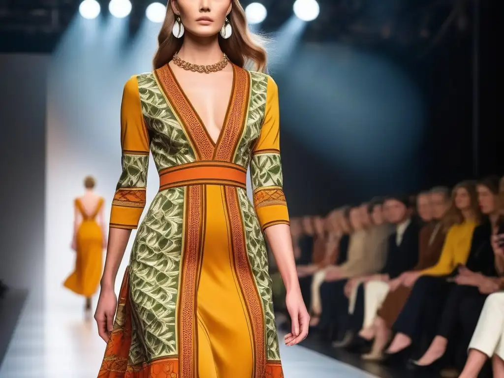Desfile de moda retro: vestido maxi 70s en pasarela Modelo desfila con confianza en vestido maxi estampado retro moda años 70 en pasarela iluminada