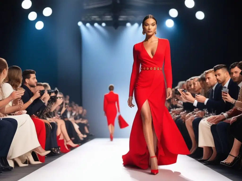 Desfile de moda: modelo luciendo el icónico vestido rojo de Diane von Fürstenberg Una modelo desfila con elegancia en la pasarela luciendo el icónico vestido wrap de Diane von Fürstenberg en rojo vibrante