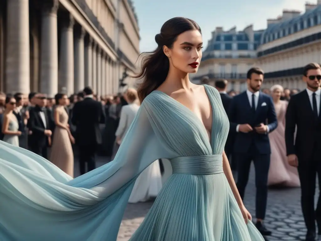 Desfile de moda en París: Elegancia atemporal con diseño de Madame Grès Una modelo desfila en París con un elegante vestido de Madame Grès de los años 1910, mostrando su estilo único y atemporal