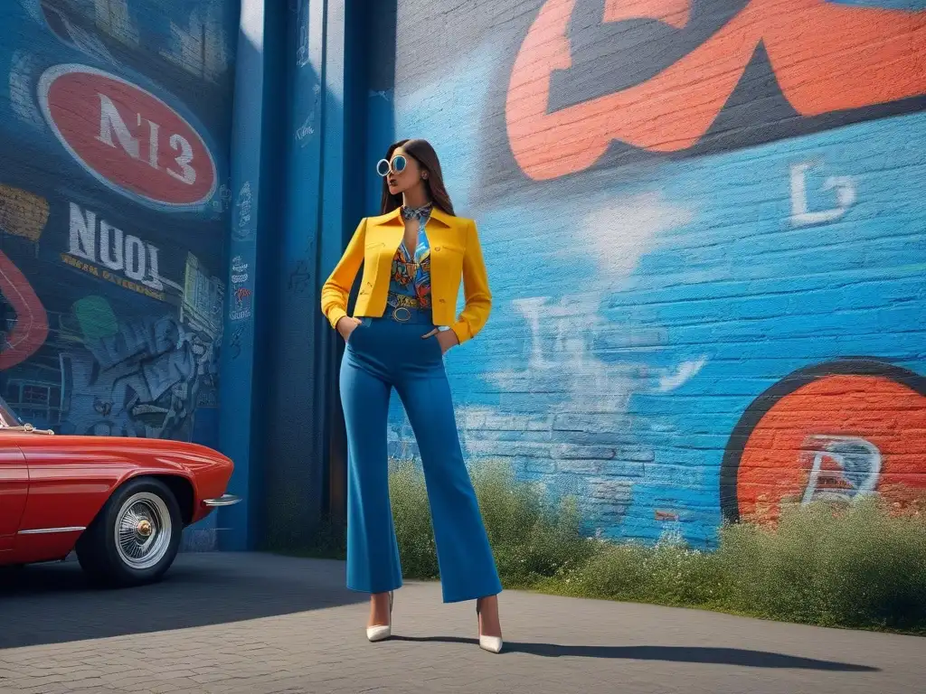 Moda retro urbana: Estilo vintage y modernidad Una modelo con estilo retro urbano, llevando un atuendo vintage en un escenario lleno de grafitis y coches antiguos