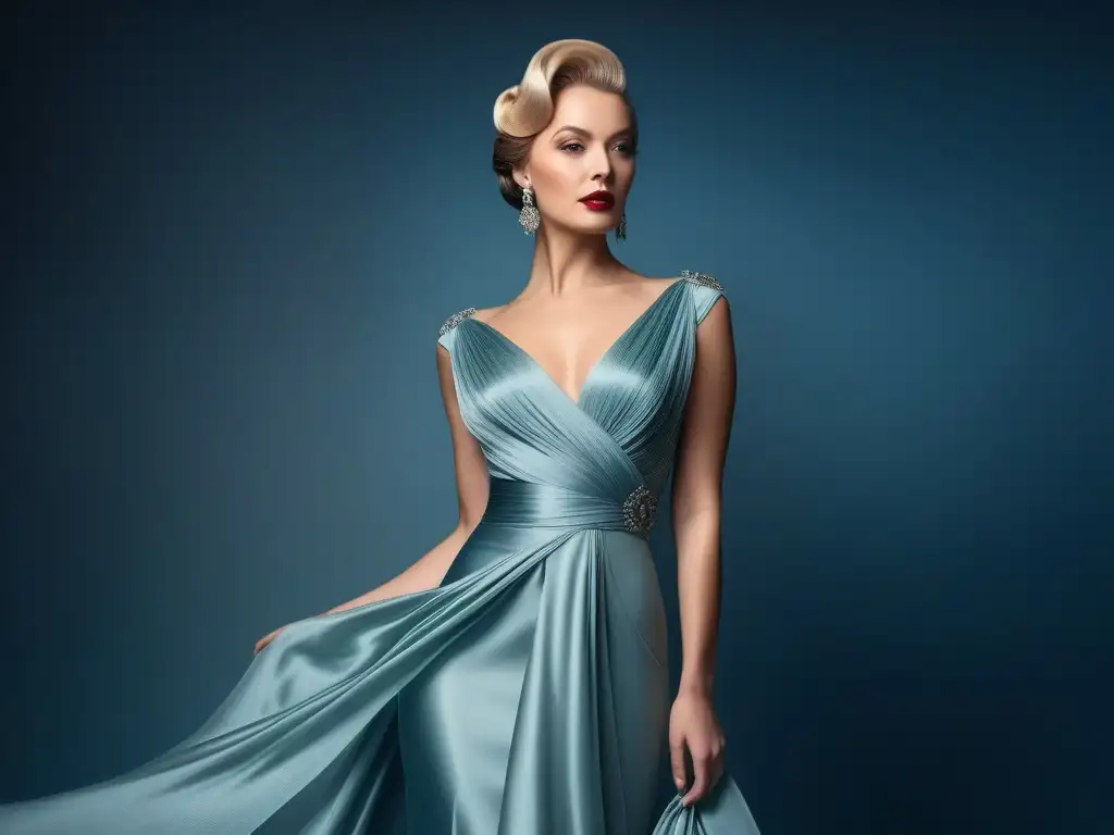 Modelo de moda de los años 30 en seda lujosa Una modelo glamorosa de los años 30 en un lujoso vestido de seda, reflejando la elegancia y sofisticación de la seda en la moda retro