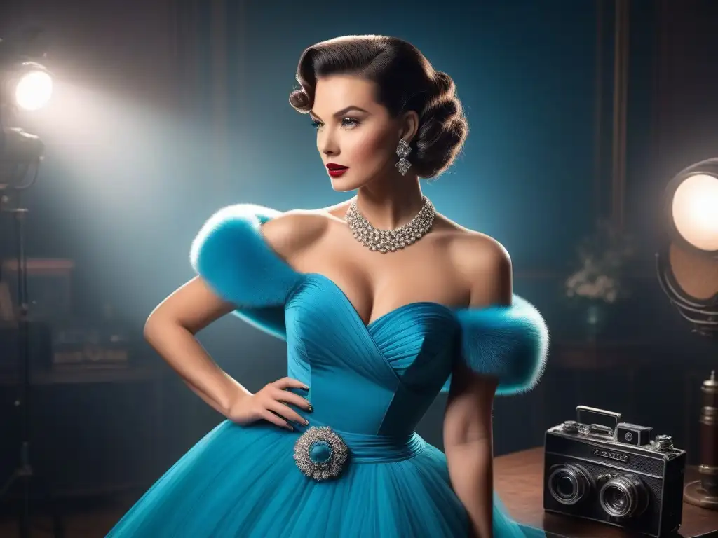 Esencia del glamour de Hollywood en los años 50 Una modelo glamorosa en un set de fotos de moda de los años 50, rodeada de cámaras vintage y estilistas