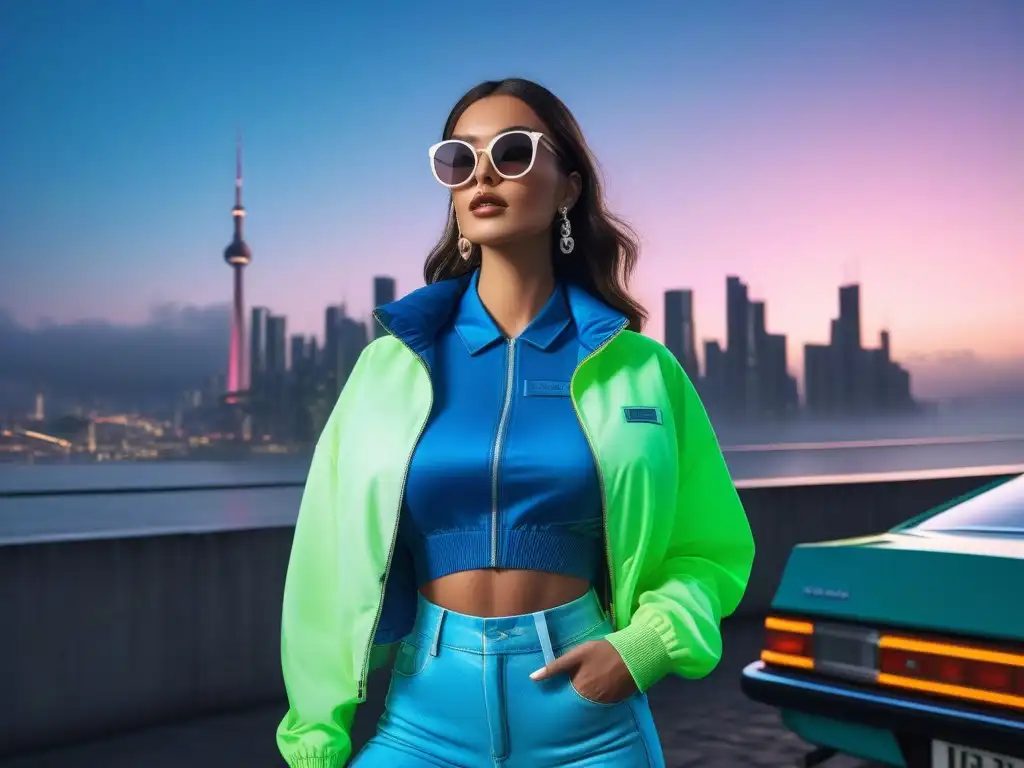 Fashion model en neon: fusión retro y moderna Una modelo de moda retro años 80 con chaqueta vibrante y jeans ácido, posa en la ciudad al atardecer entre luces neón y coches retro