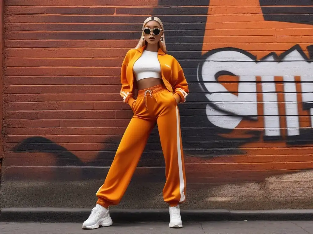 Modelo retro 2000s con tracksuit vibrante y accesorios urbanos Una modelo de moda retro años 2000 reinterpretada posa con estilo urbano frente a una pared de ladrillos graffiteada
