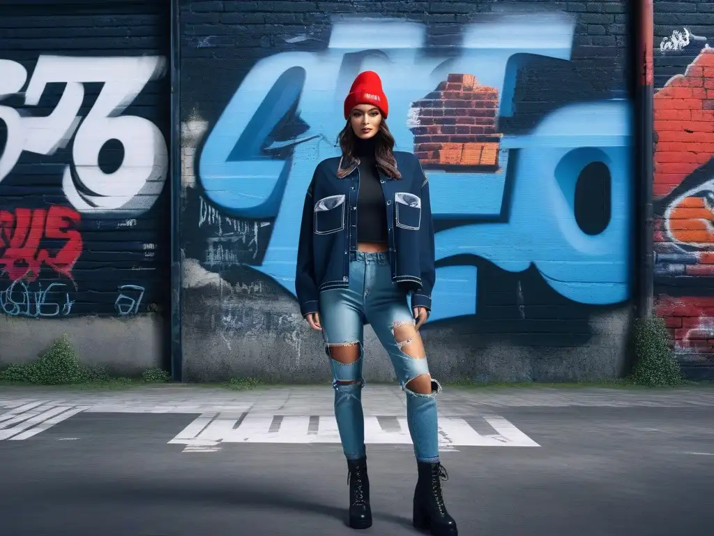 Estilo grunge retro: capas y actitud urbana Un modelo de moda con estilo grunge lleva capas de ropa retro en un entorno urbano