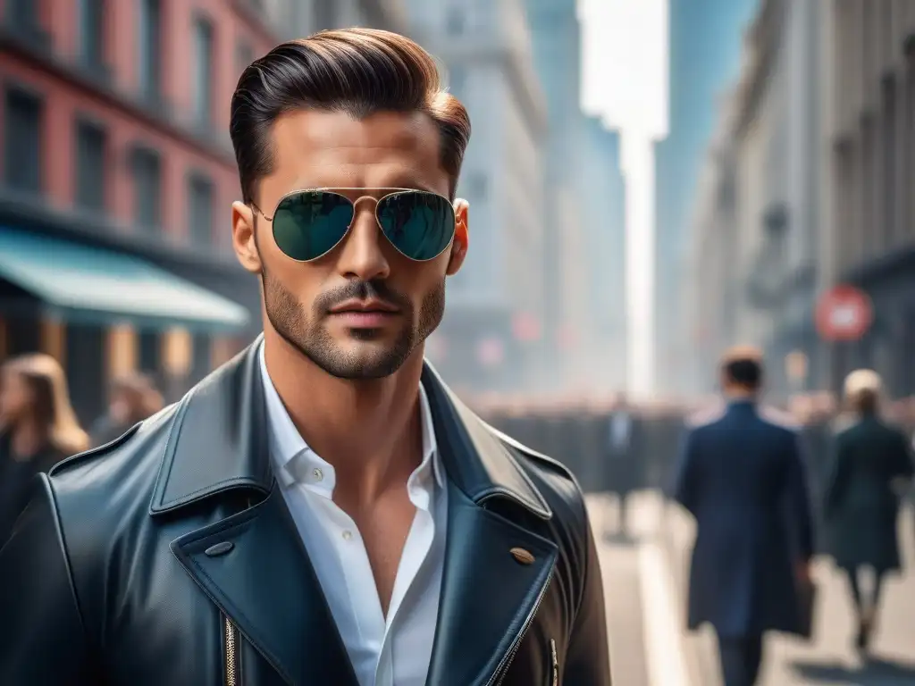 Estilo urbano: modelo con Aviator sunglasses en la ciudad Una modelo de moda moderna camina con confianza por una calle urbana, luciendo unas gafas de sol aviador, reflejando la ciudad en las lentes