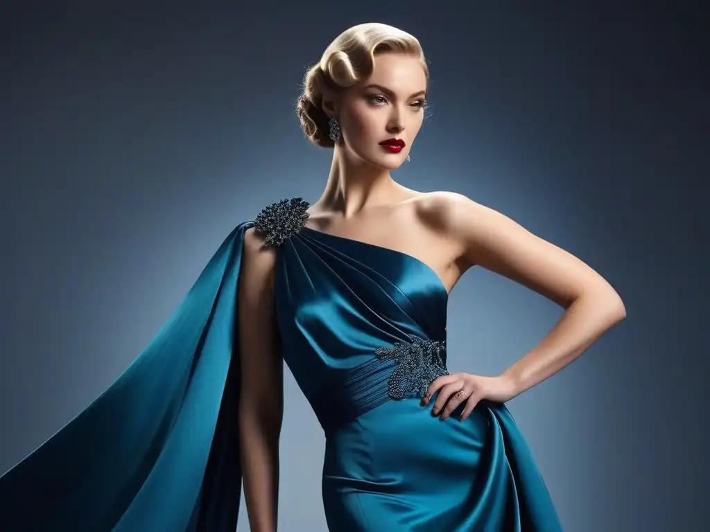 Modelo de moda de los años 30 en seda: lujo y sofisticación Una modelo de moda retro de los años 30, elegantemente vestida con seda, en un atelier vintage