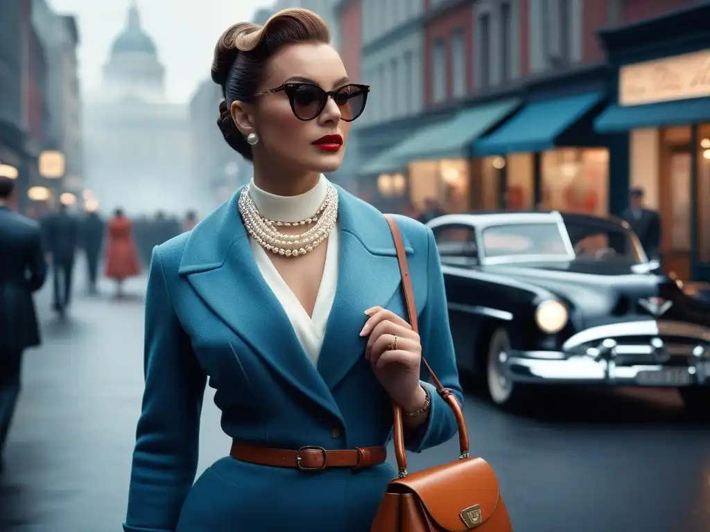 Modelo vintage de los años 50 posando con estilo en la ciudad Una modelo de moda retro de los años 50 posa elegantemente en la calle, luciendo accesorios icónicos moda retro siglo XX