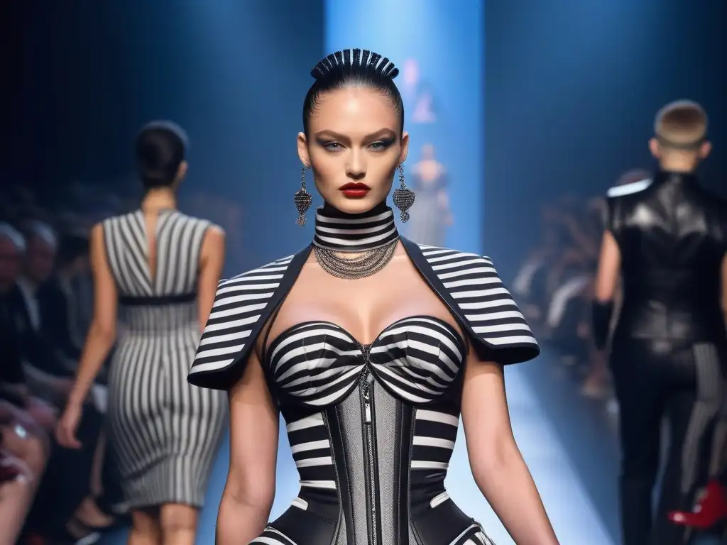 Desfile de moda Jean Paul Gaultier: Elegancia y audacia en la pasarela Modelo en pasarela con creación icónica de Jean Paul Gaultier, derrochando moda retro y actitud