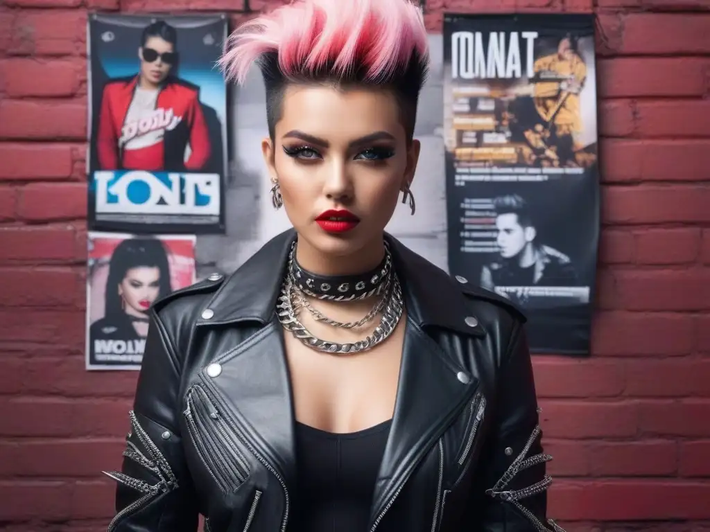 Modelo punk de los 80 con atuendo rebelde y vibrante Un modelo punk de los años 80 con estética punk, accesorios y ambiente urbano