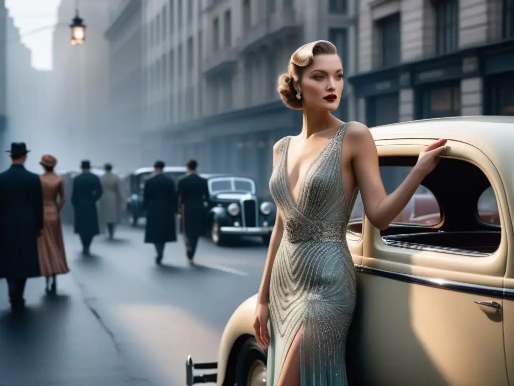 Glamour en la Gran Depresión: Alta Costura de los años 30 Modelo en traje de alta costura de los años 30 frente a bulliciosa ciudad, reflejando glamour y sofisticación de la época