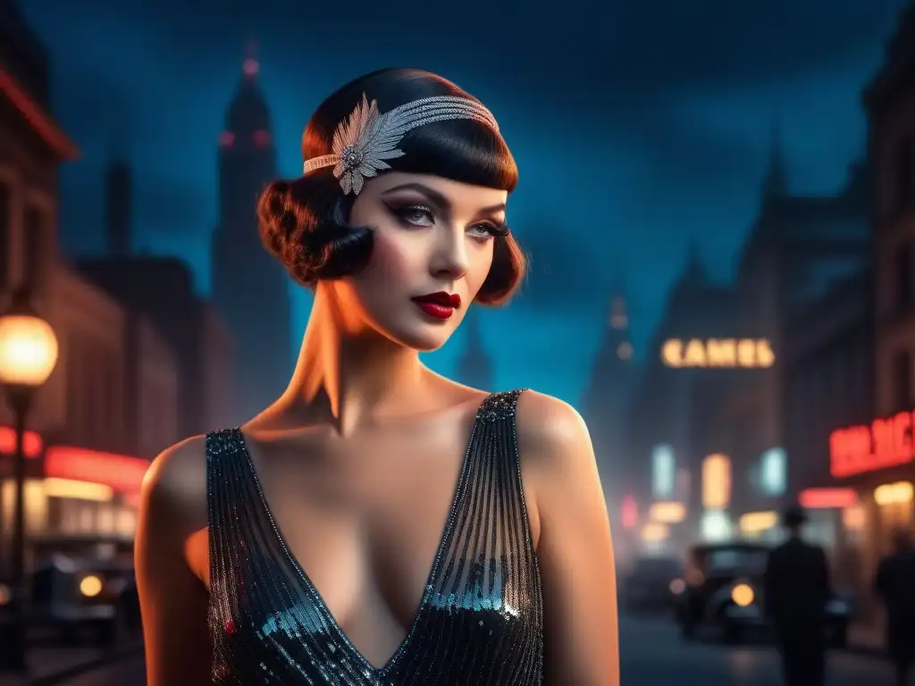 Retrato glamuroso de una mujer flapper de los años 20 en la ciudad Mujer flapper de los años 20 en la ciudad Art Decó de noche, representando la historia del maquillaje retro