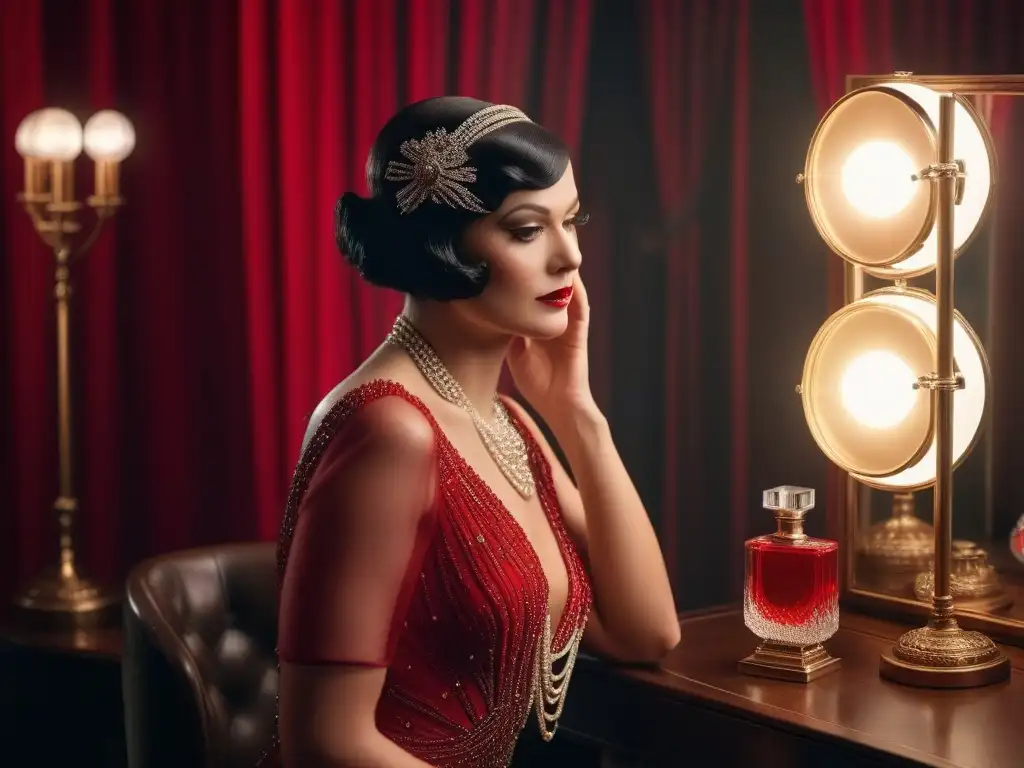 Flapper aplicando rouge en tocador Art Deco Una mujer de los años 20 aplica rouge en un lujoso tocador Art Deco, reflejando la historia del maquillaje retro
