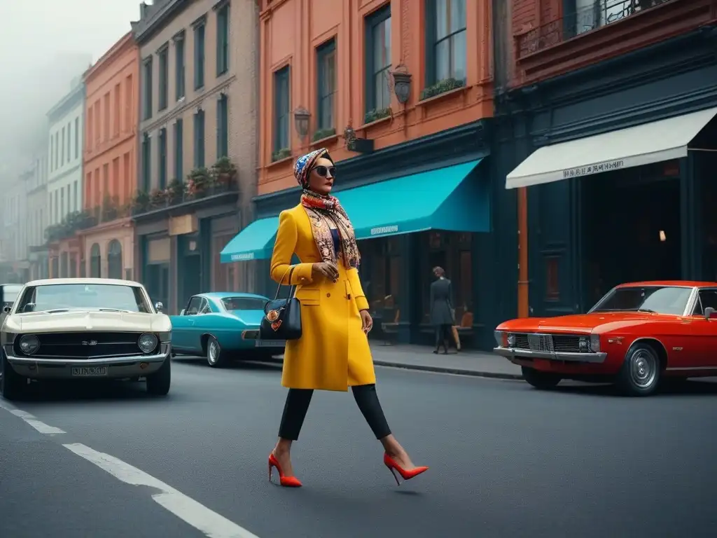 Moda retro: Mujer estilosa en la ciudad con accesorios de los 70 Una mujer elegante con accesorios retro de los 70 camina por una bulliciosa calle de la ciudad